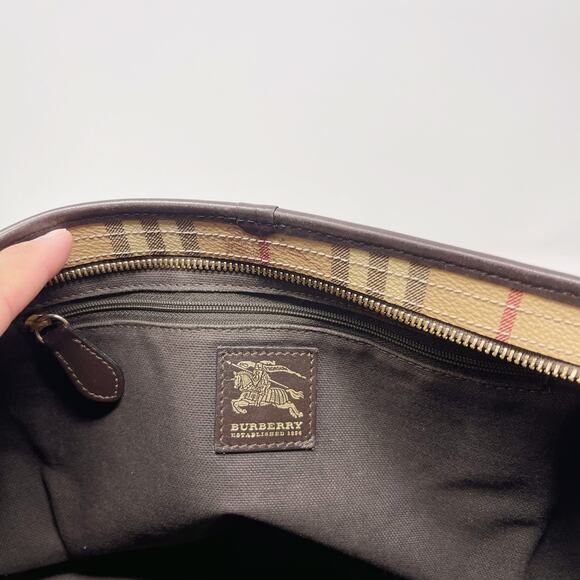 Burberry Brown Beige Haymarket Check Canvas Regent Grommet Tote Bag Double Strap - Picture 13 of 16